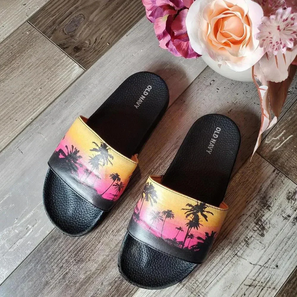 Old Navy Sunset Orange Pink Yellow Slides Size 3-4 Youth Kids